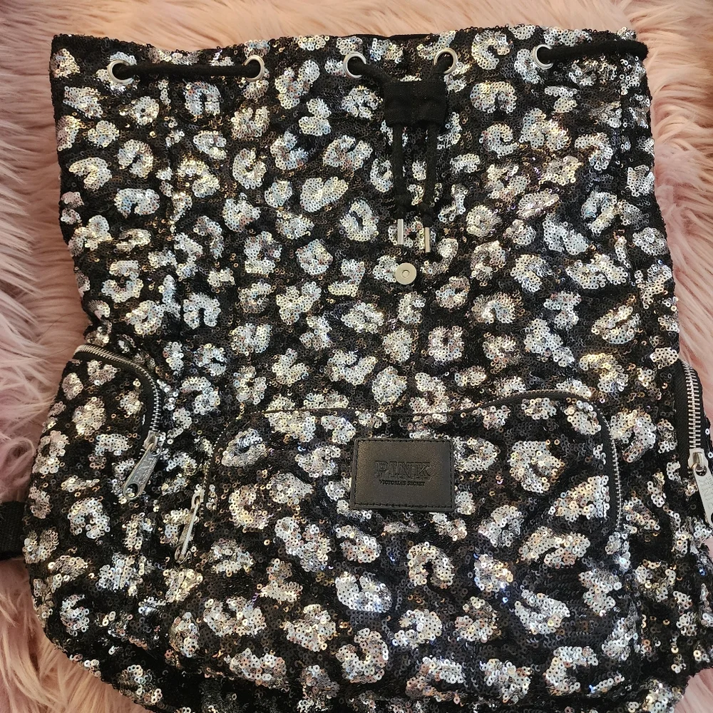 Victoria's Secret PINK sequin leopard backpack drawstring 2013